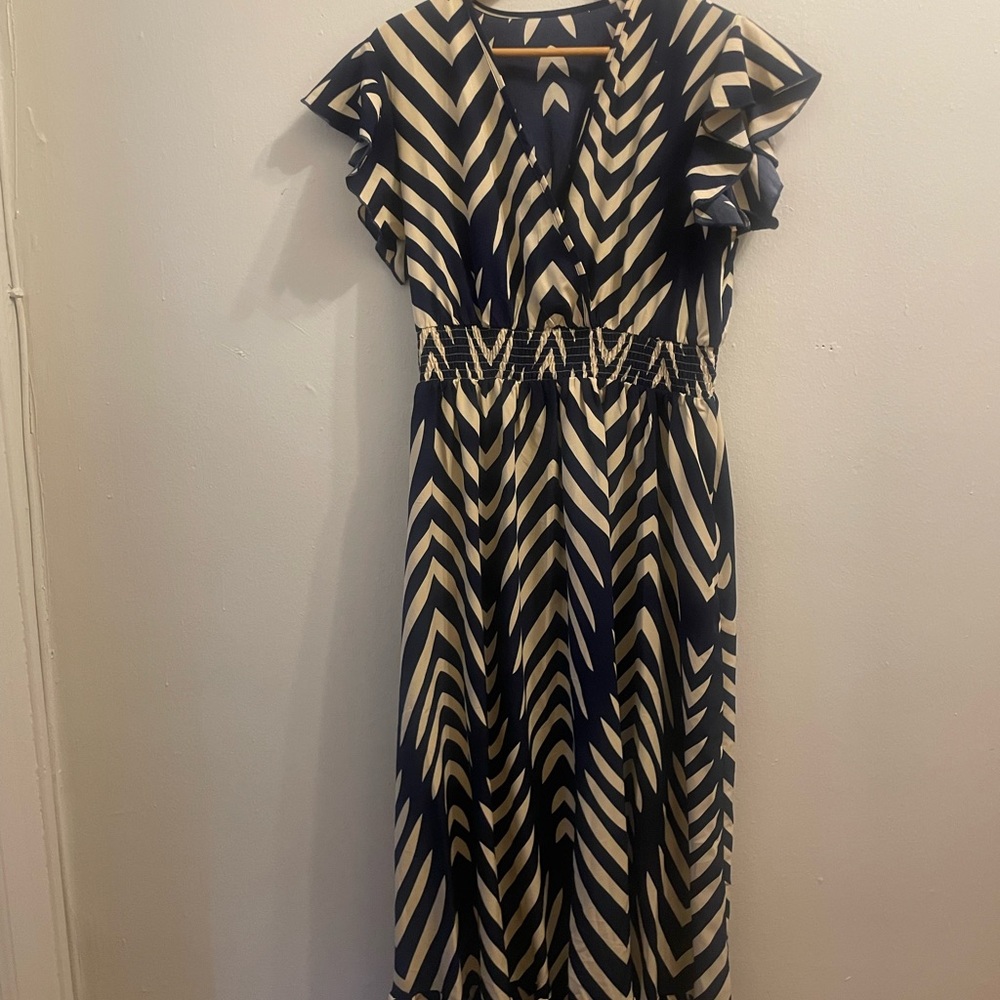 Chevron Patterned Navy and Cream Dress